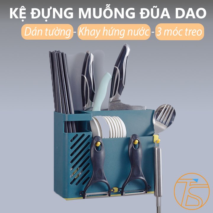 Kệ đựng đũa muỗng dao kéo thìa nhà bếp dán tường kèm móc treo máng LSJ08 - Khay đựng đồ dùng nhà bếp đa năng có khay thoát nước - Ống đựng đũa muỗng