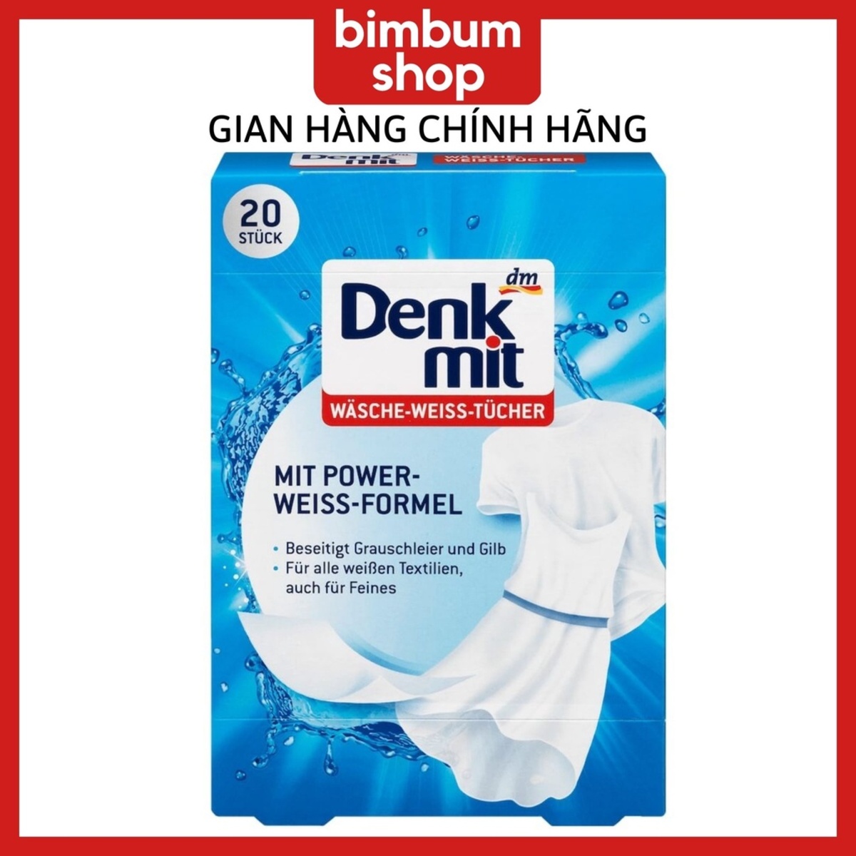 Giấy tẩy trắng quần áo Denkmit 20 miếng của Đức, tẩy trắng quần áo BIMBUM