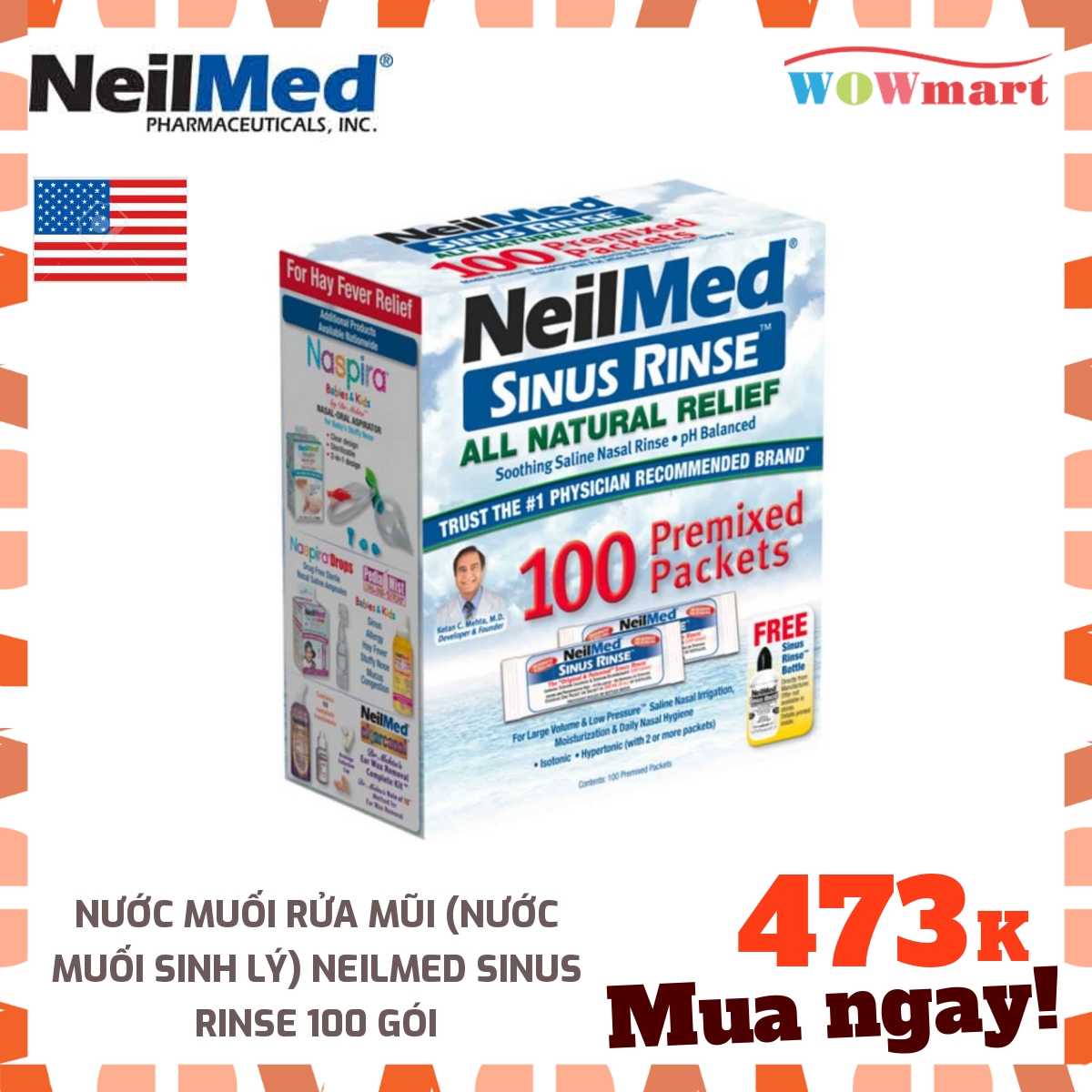 [HCM]Nước muối rửa mũi (nước muối sinh lý) Neilmed Sinus Rinse 100 gói MỸ