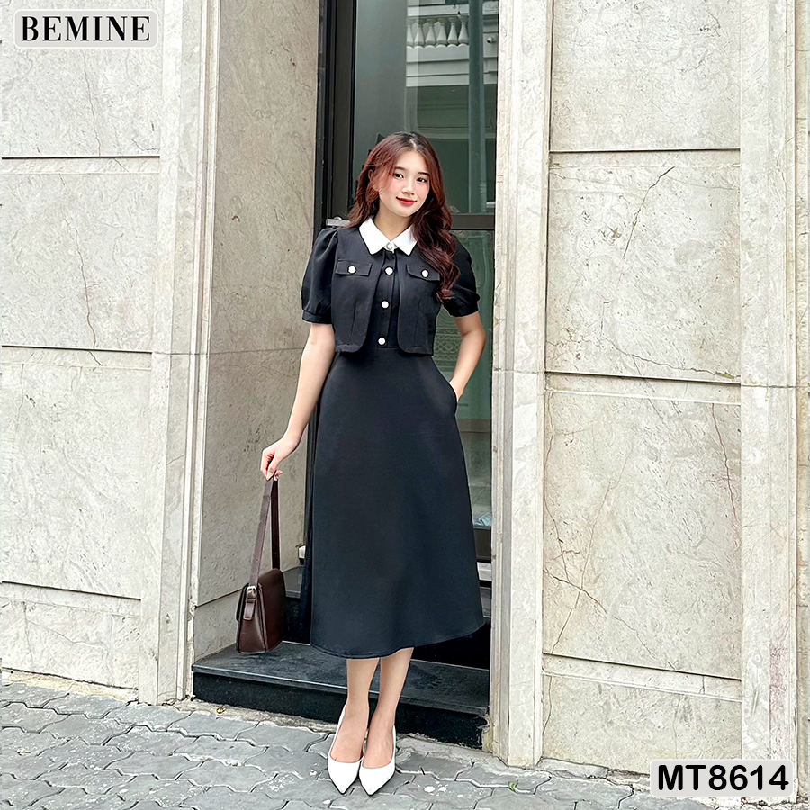 Đầm thiết kế phối cổ tay phồng tùng xoè bemine mt8614