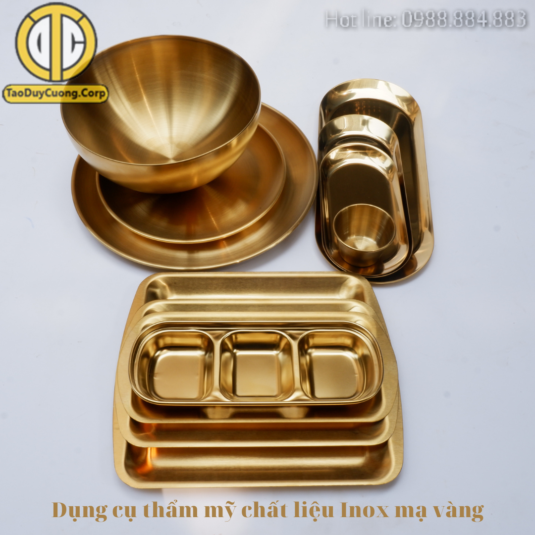 Dụng cụ inox mạ vàng, Dụng cụ Spa inox mạ vàng: Khay vuông, khay chữ nhật, khay tròn , khay Oval, chén inox vàng