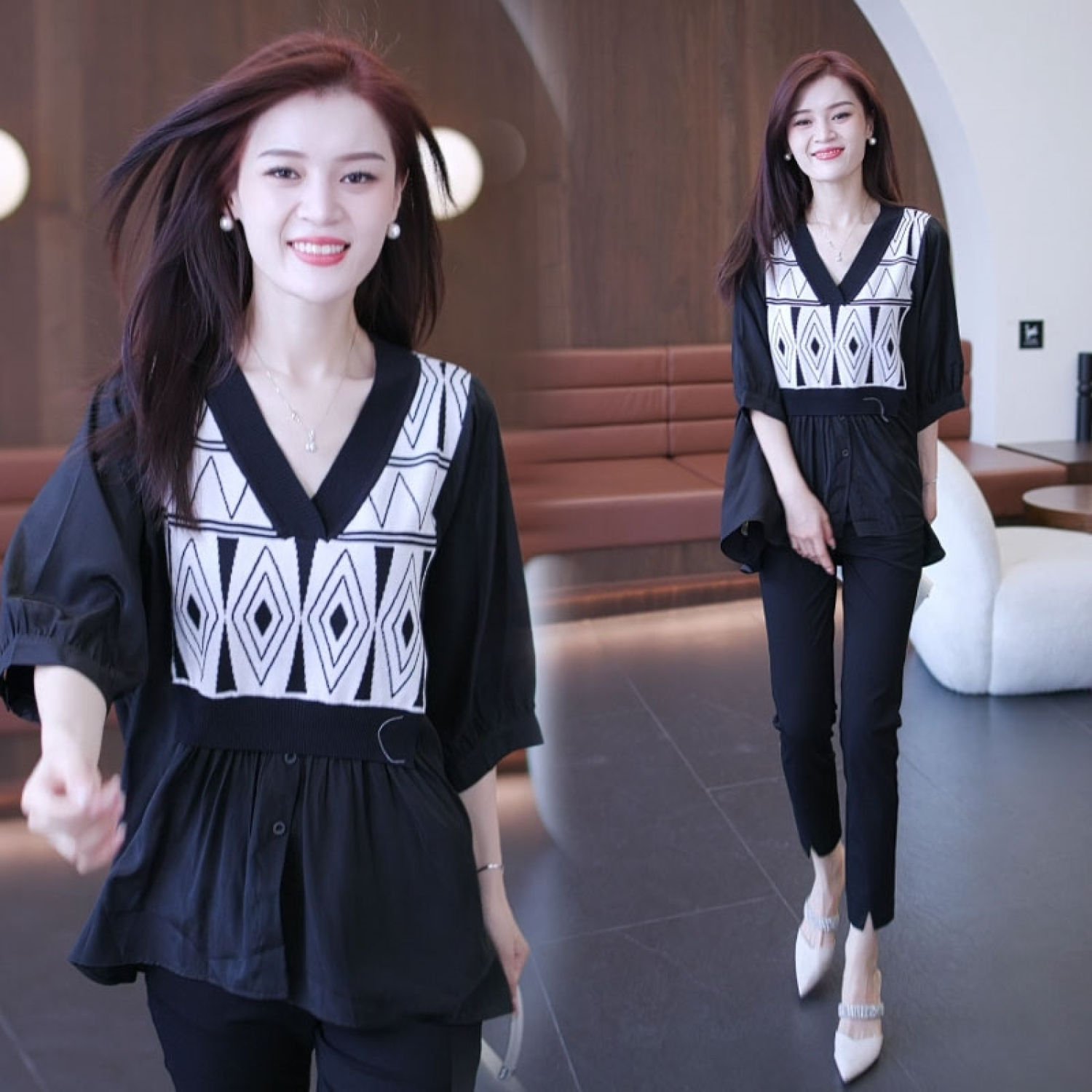 Áo đen in họa tiết chất lụa mềm mát form dễ mặc che khuyết điểm tốt