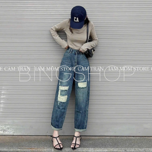 Guuhouse Quần jeans nữ baggy suông cạp cao rách gối