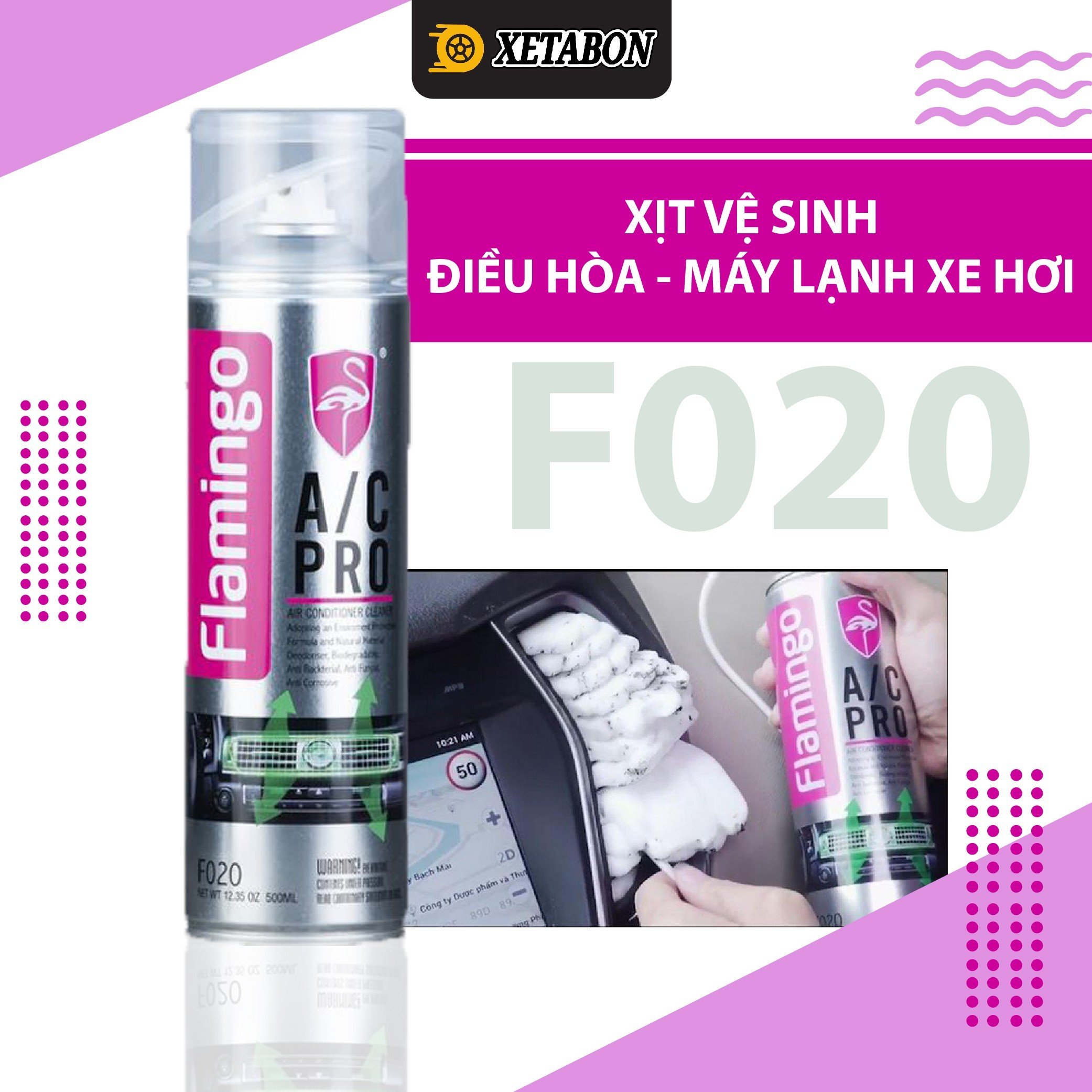 Xịt vệ sinh máy lạnh ô tô, điều hòa gia đình dạng bọt Flamingo F020 giúp khử mùi, đánh bay bụi bẩn bám dính