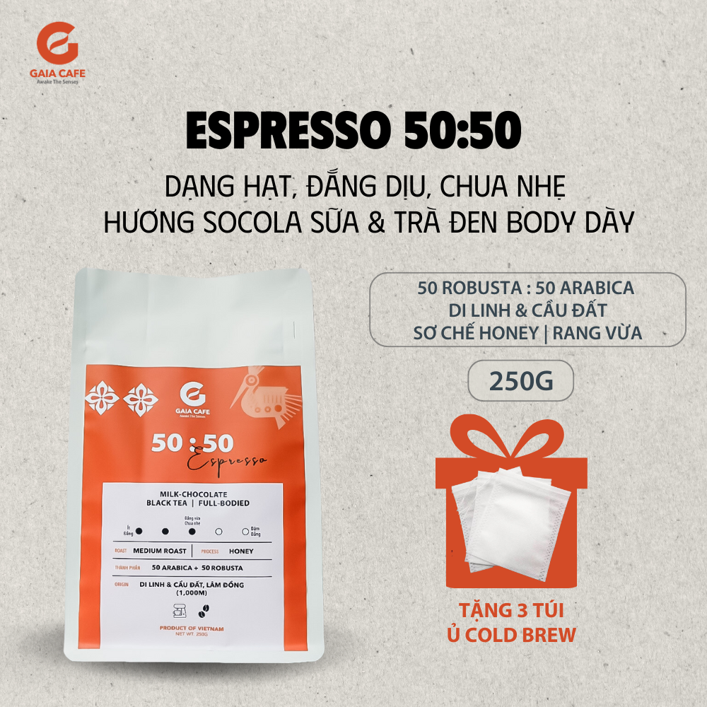 Cà phê hạt espresso 50:50 gaia cafe | cafe robusta & arabica | chua nhẹ, đắng dịu