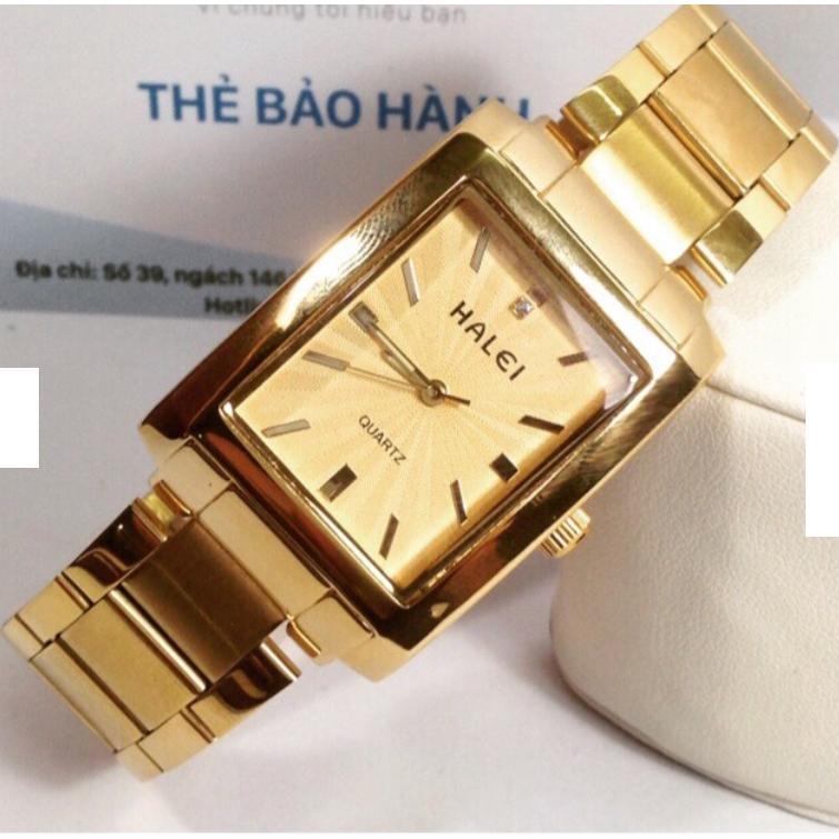 đồng hồ nam nữ mặt halei mặt vuông ,dây vàng mặt vàng ,HL0101