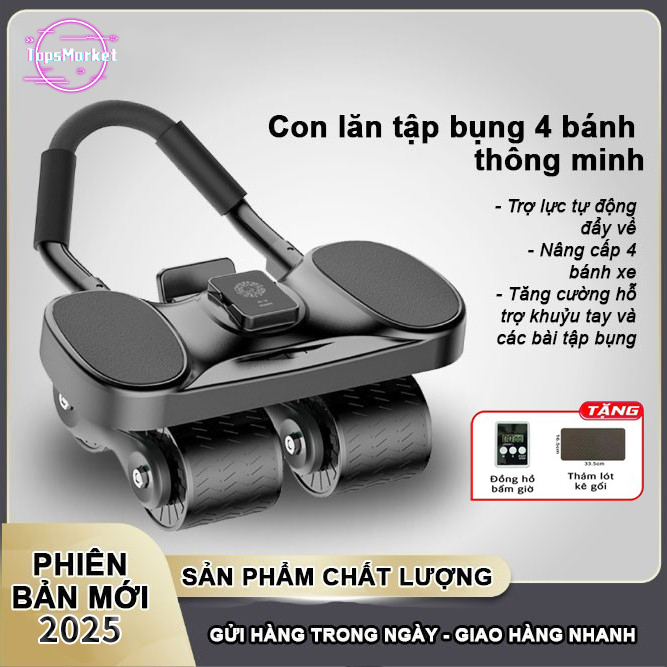Con lăn tập bụng 4 bánh có trợ lực kéo về, dụng cụ tập bụng, tập ngực giảm mỡ bụng hiệu quả, bền đẹp chắc chắn-TopsMarket