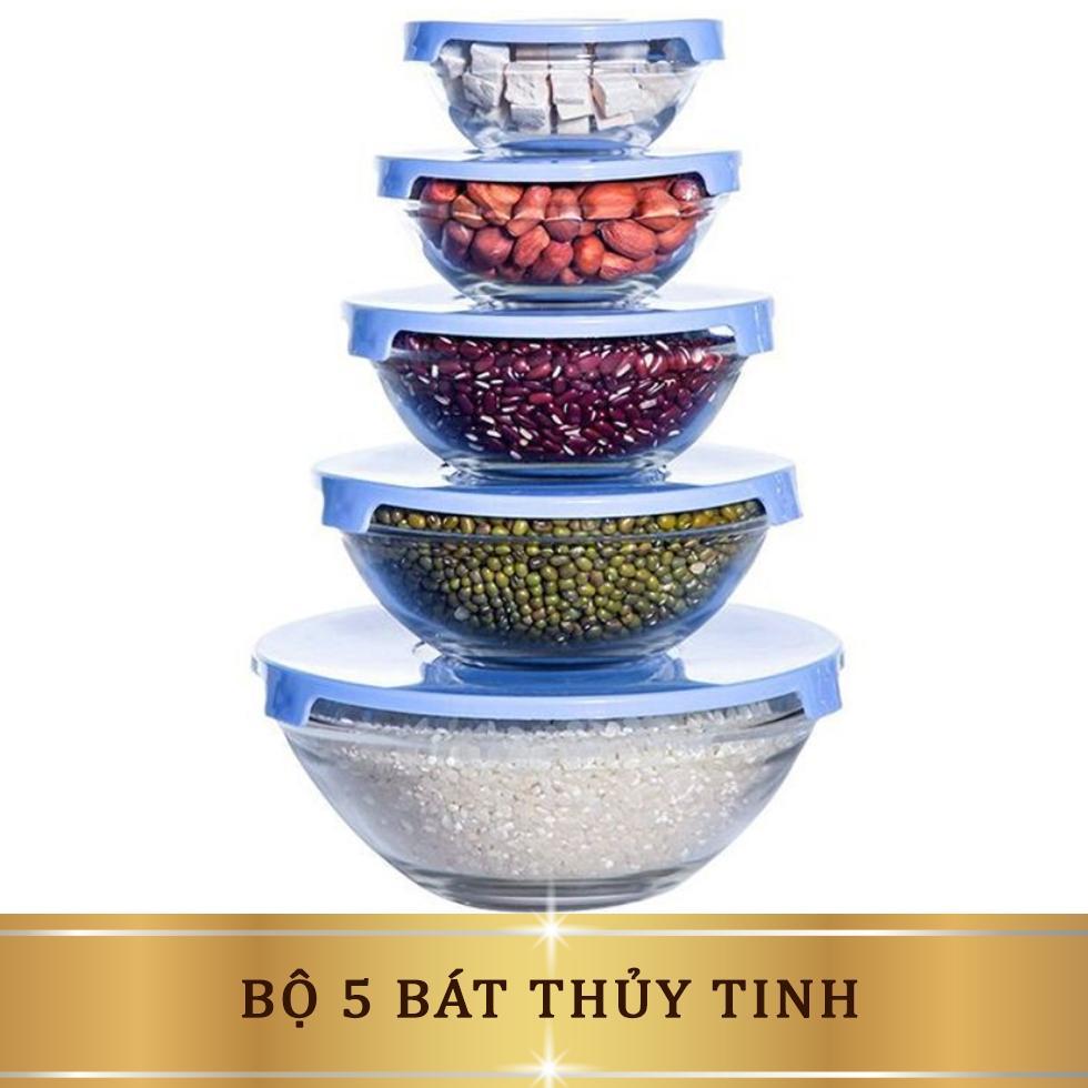 Bộ 5 Bát Thủy Tinh Đựng Thực Phẩm Có Nắp Đậy, Thích Hợp Cho Việc Chia Đồ, Bảo Quản Trong Tủ Lạnh