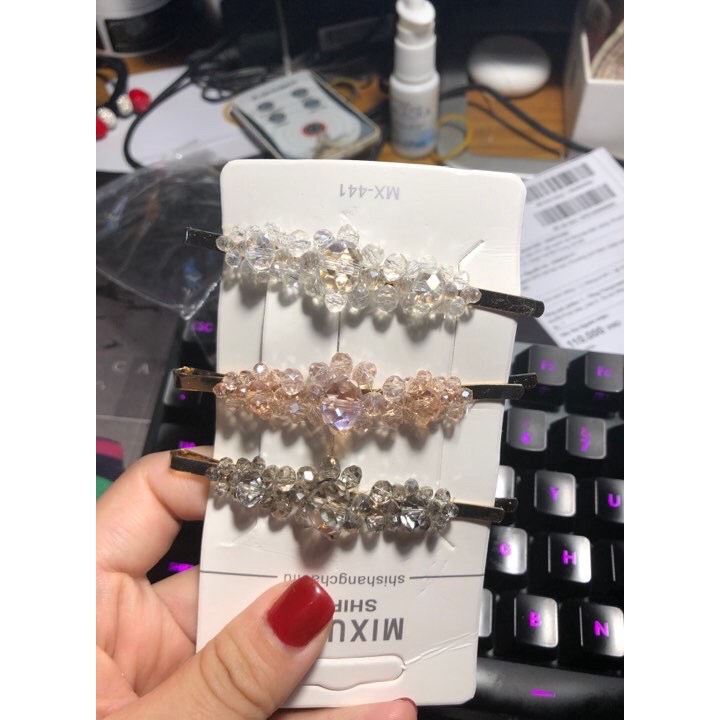3 kẹp tóc đính đá pha le, Kẹp thời trang, cứng cáp