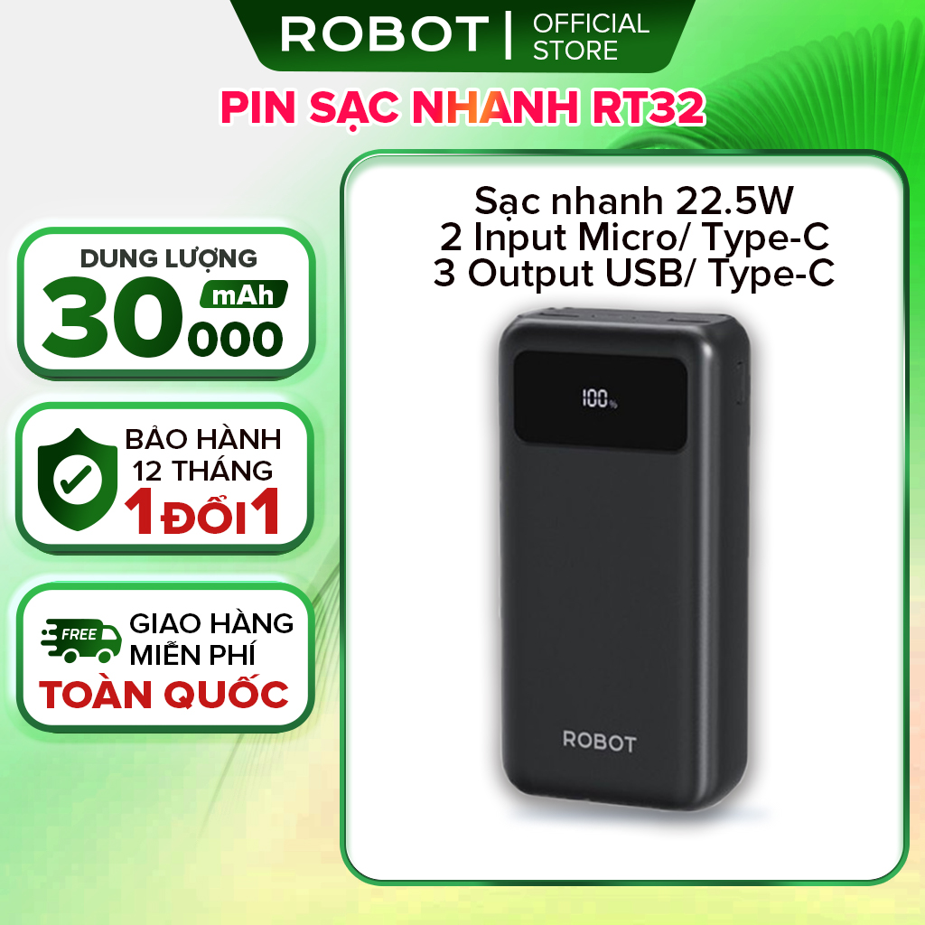 Pin dự phòng Robot RT32 dung lượng cao 30000mAh sạc nhanh 22.5W cục sạc dự phòng chuẩn Quick charge 3.0 PD pin khủng đèn led hiển thị mức pin hỗ trợ Type-C iphone 2 cổng sạc vào 3 cổng sạc ra