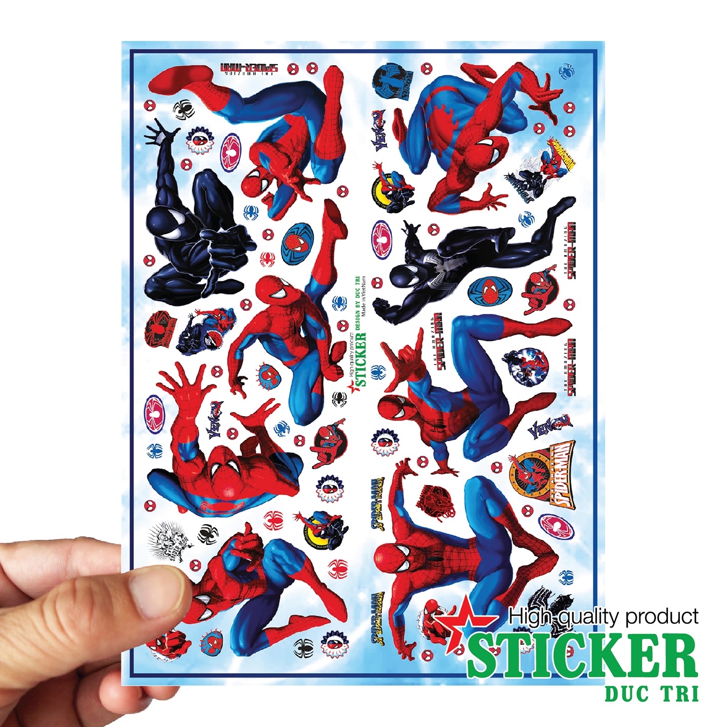 Bộ Sticker Spideman, Miếng dán được cắt sẳn có màng bảo vệ chống nước chống trầy. Dùng dán trang trí lên điện thoại, nón bảo hiểm, xe hơi, laptop