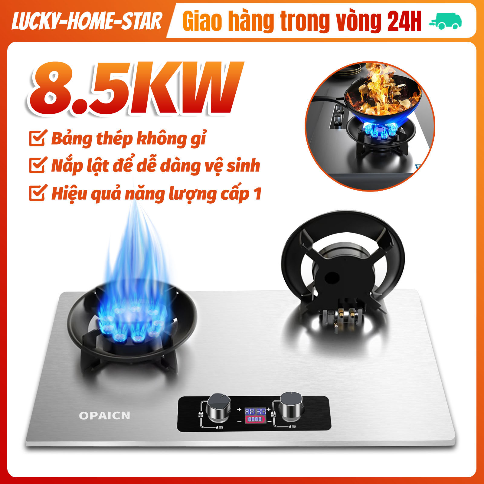 Bếp gas đôi lật, Bếp gas âm lật cảm ứng, Bếp gas điện chống cháy nổ, Đánh lửa Magneto tự động, Tích hợp chế độ hẹn giờ cảm biến an toàn