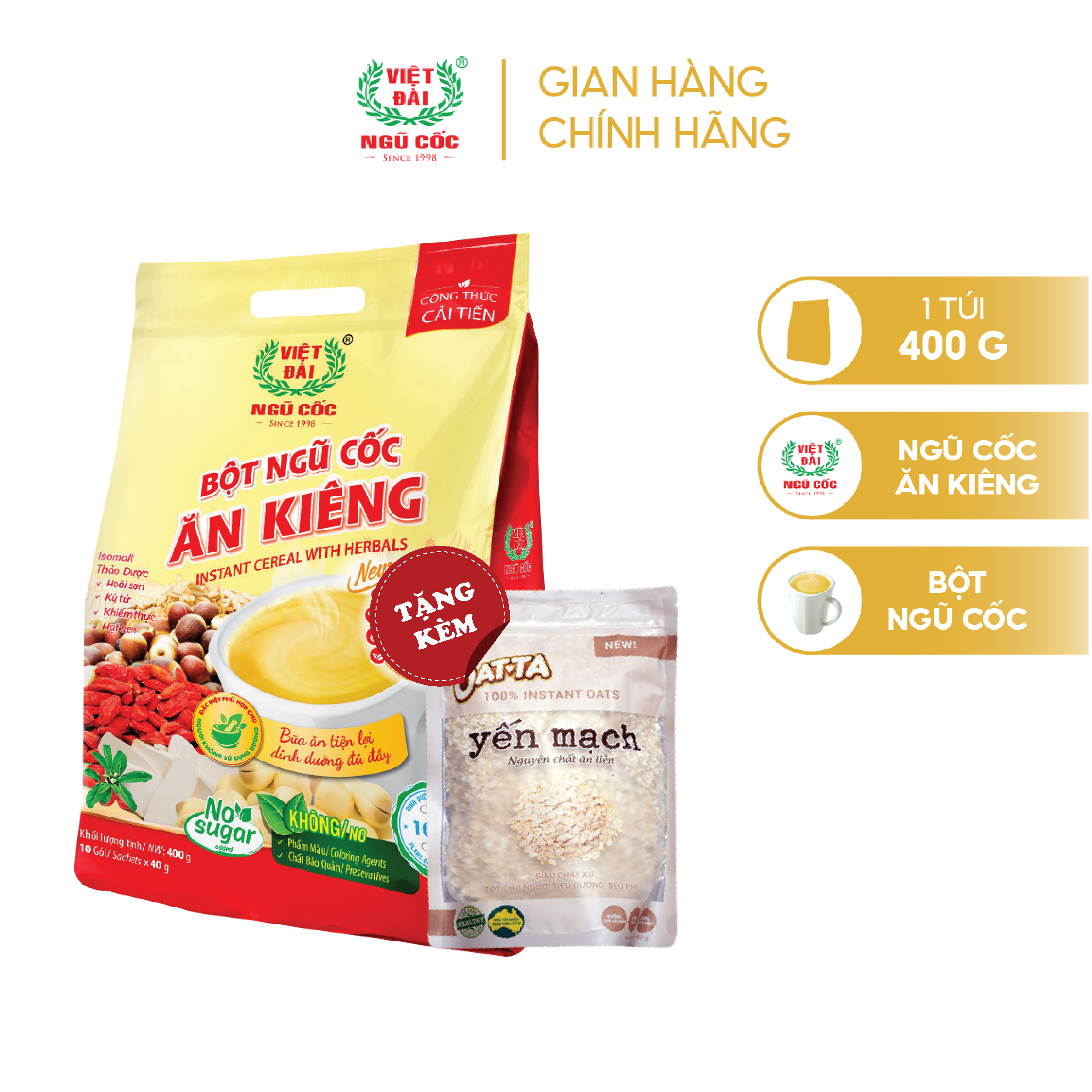 Bột ngũ cốc ăn kiêng Việt Đài túi 400g Tặng Yến mạch nguyên chất 100g