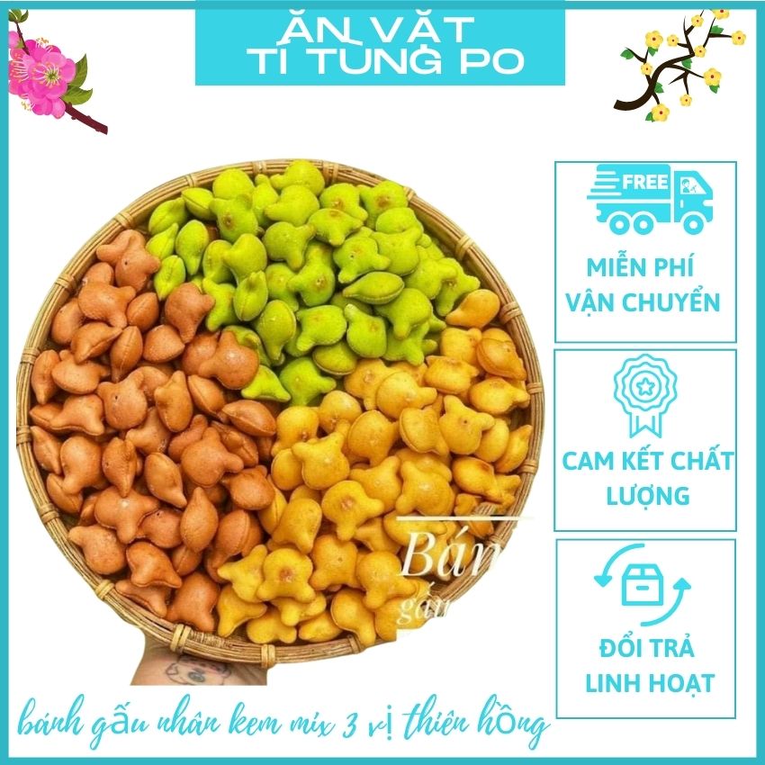 [FREESHIP+SALE RẺ] Bánh Gấu Nhân Kem Mix 3 Vị Thiên Hồng ĂNVẶTTÍTÙNGPO Hủ 450gr Phù Hợp Ăn Vặt, Quà Tặng, Tặng Kèm Quà