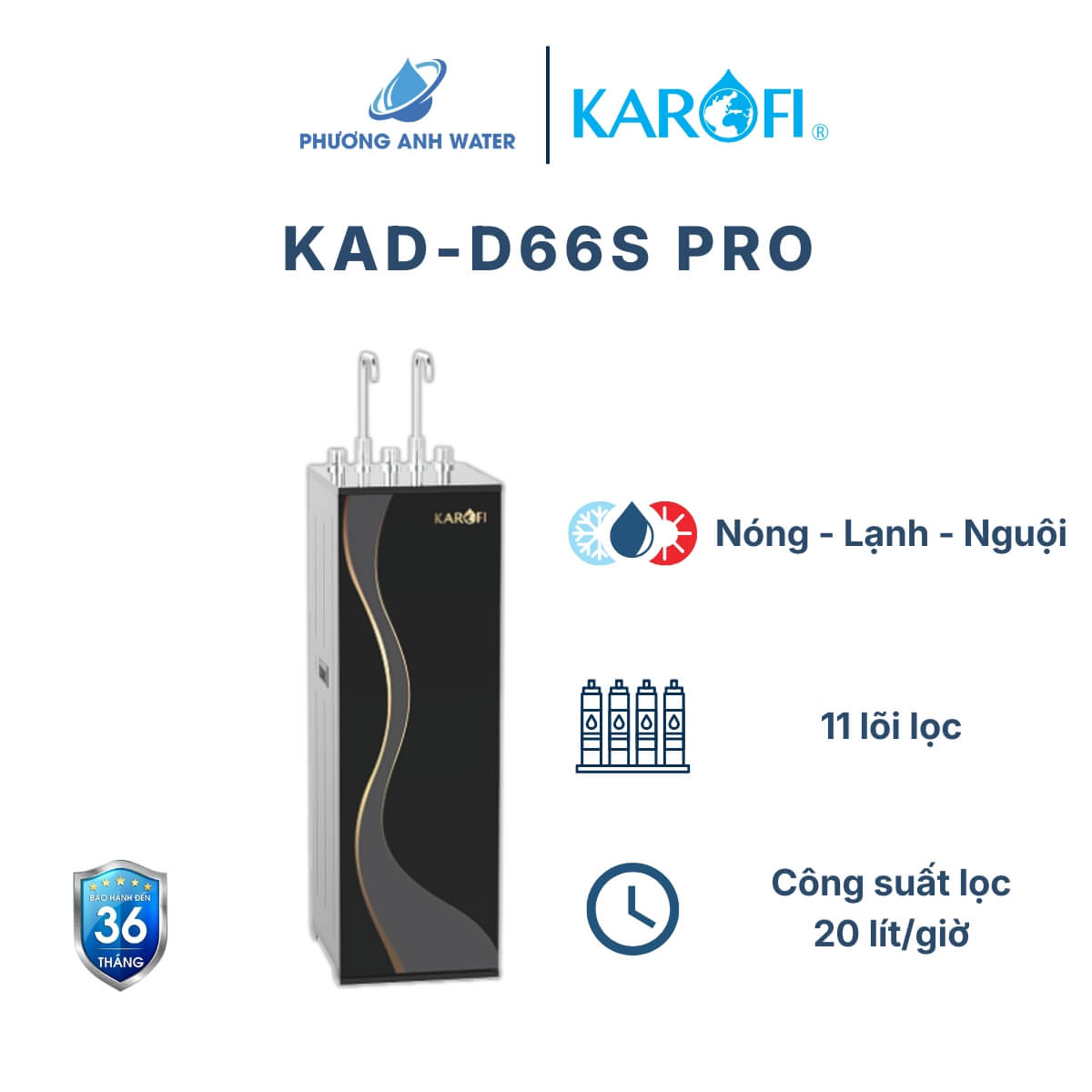 Máy lọc nước Karofi KAD-D66S PRO tủ đứng, 11 lõi lọc, 3 chế độ Nóng Lạnh Nguội, tạo Hydro-ION kiềm, công suất lọc 20 lít/giờ, bảo hành 36 tháng