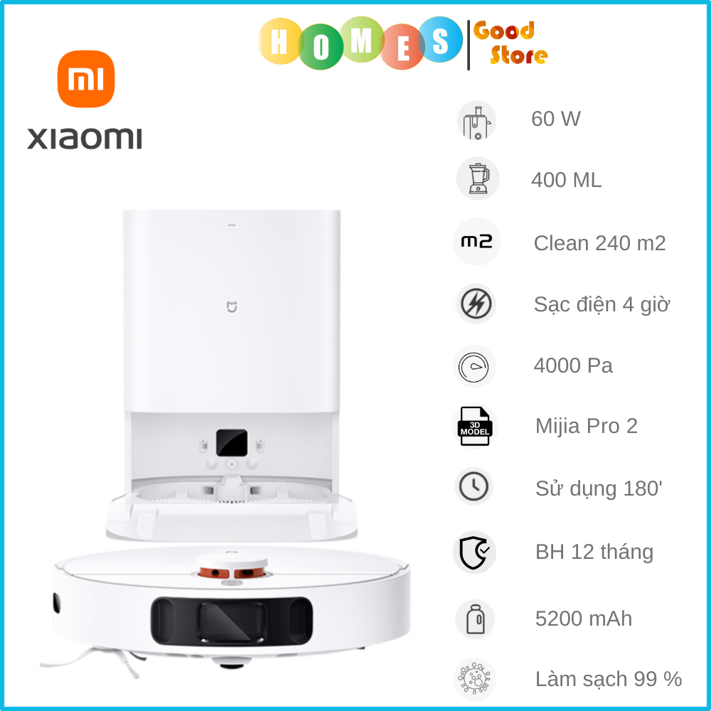 Robot Hút Bụi Lau Nhà XIAOMI Mijia 2 Pro 2023 Tự Giặt Giẻ Bơm Nước Và Sấy Khô Nhiệt Độ Cao Diện Tích Hoạt Động 250m2 Lực Hút 4000 Pa Công Suất 60 W