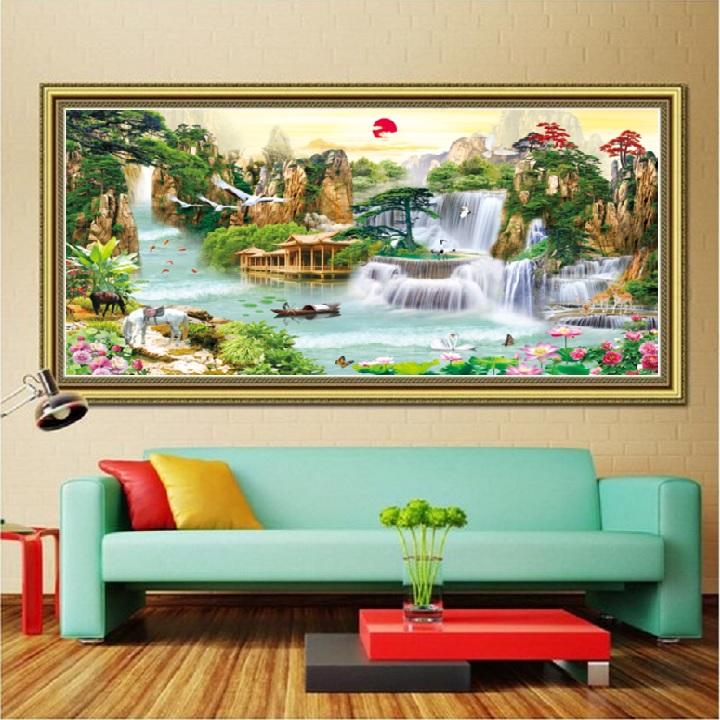 Tranh Thêu Chữ Thập Phong Cảnh Lưu Thủy Sinh Tài LV3307 - Kích Thước 120*59cm