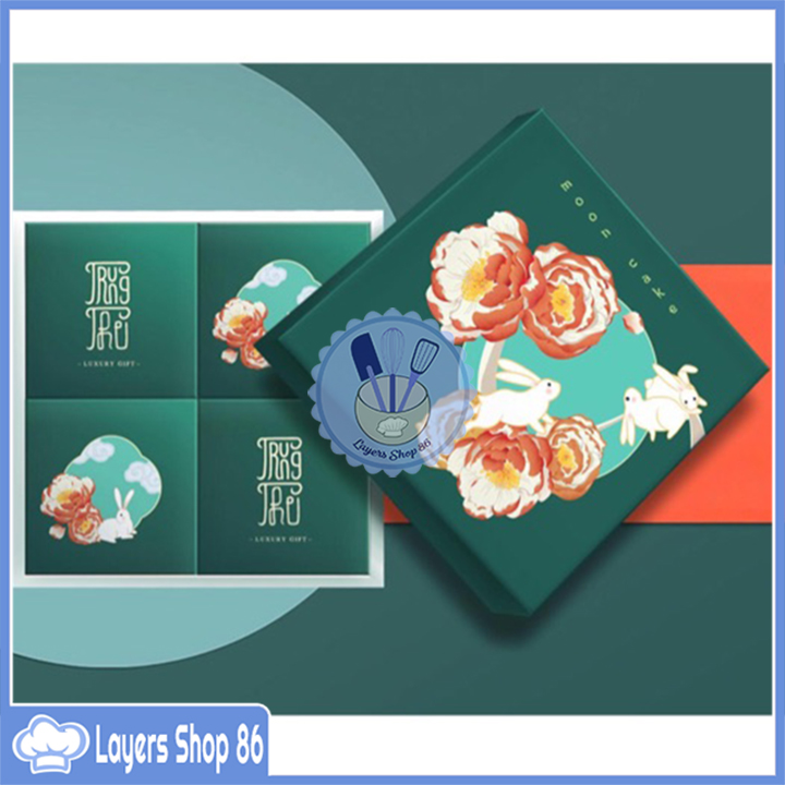 Set 5 BộTúi hộp đựng bánh trung thu Thỏ ngọc Xanh/cam 4 bánh 125-200g, Layersshop86, Sang trọng, cao cấp, 5 Hộp trung thu thỏ ngọc đỏ 4 bánh 125gr-200gr - 1041, Hộp Thỏ ngọc xanh đựng 4 bánh,Bộ túi hộp trung thu 4 bánh mẫu Thỏ ngpcj