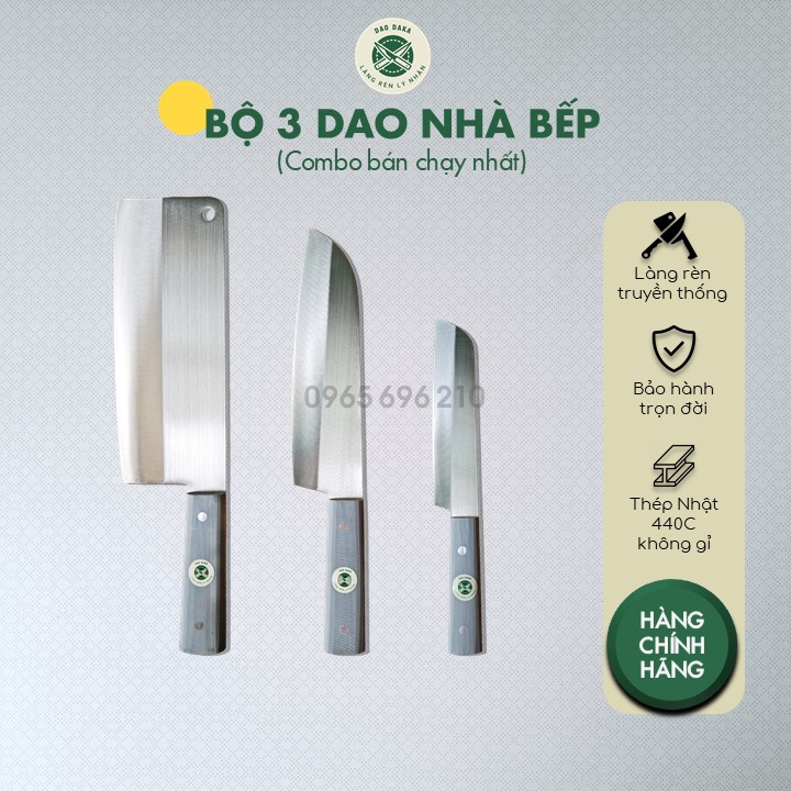 Combo dao chặt, thái, hoa quả thép Nhật trắng không gỉ - Chuôi nhựa
