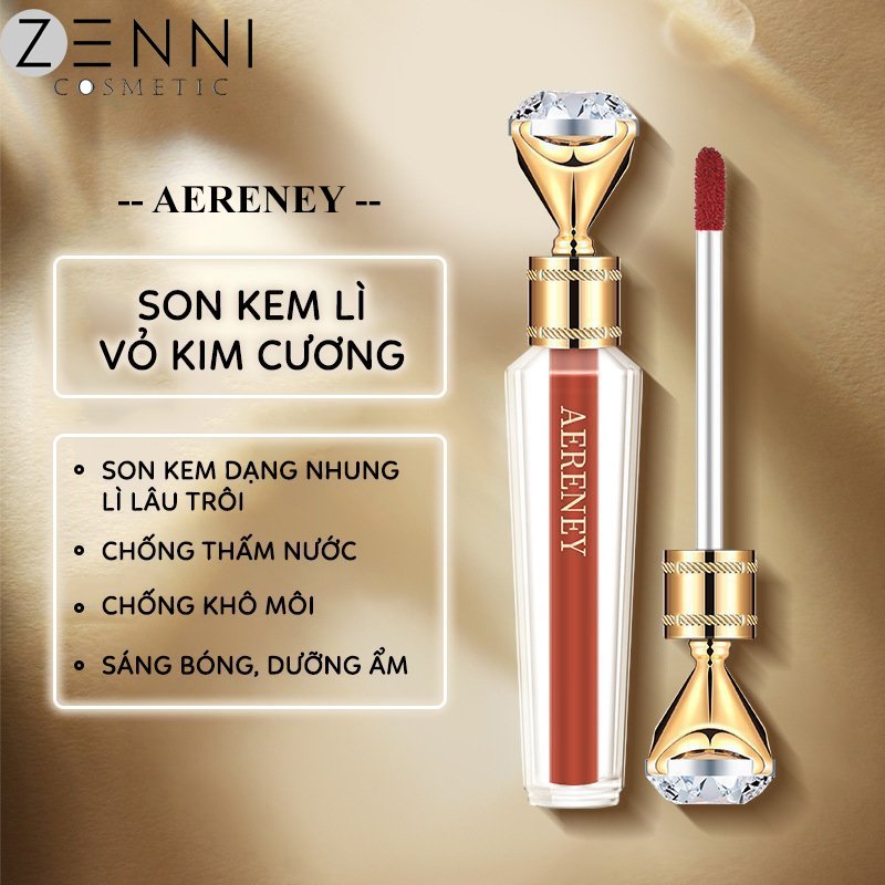 Son Kem Lì AERENEY Vỏ Kim Cương Lâu Trôi, Son Màu Dạng Nhung Sương Lì Mịn Chống Thấm Nước, Chống Khô Môi, Sáng Bóng Dưỡng Ẩm - Zenni