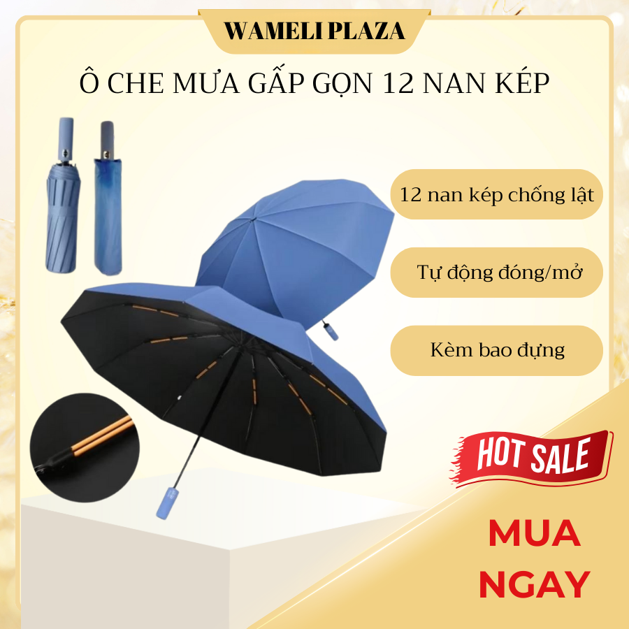 Ô che mưa Wameli gấp gọn 24 nan, ô gấp gọn tự động 12 nan kép chống thấm nước, chống tia UV, không b