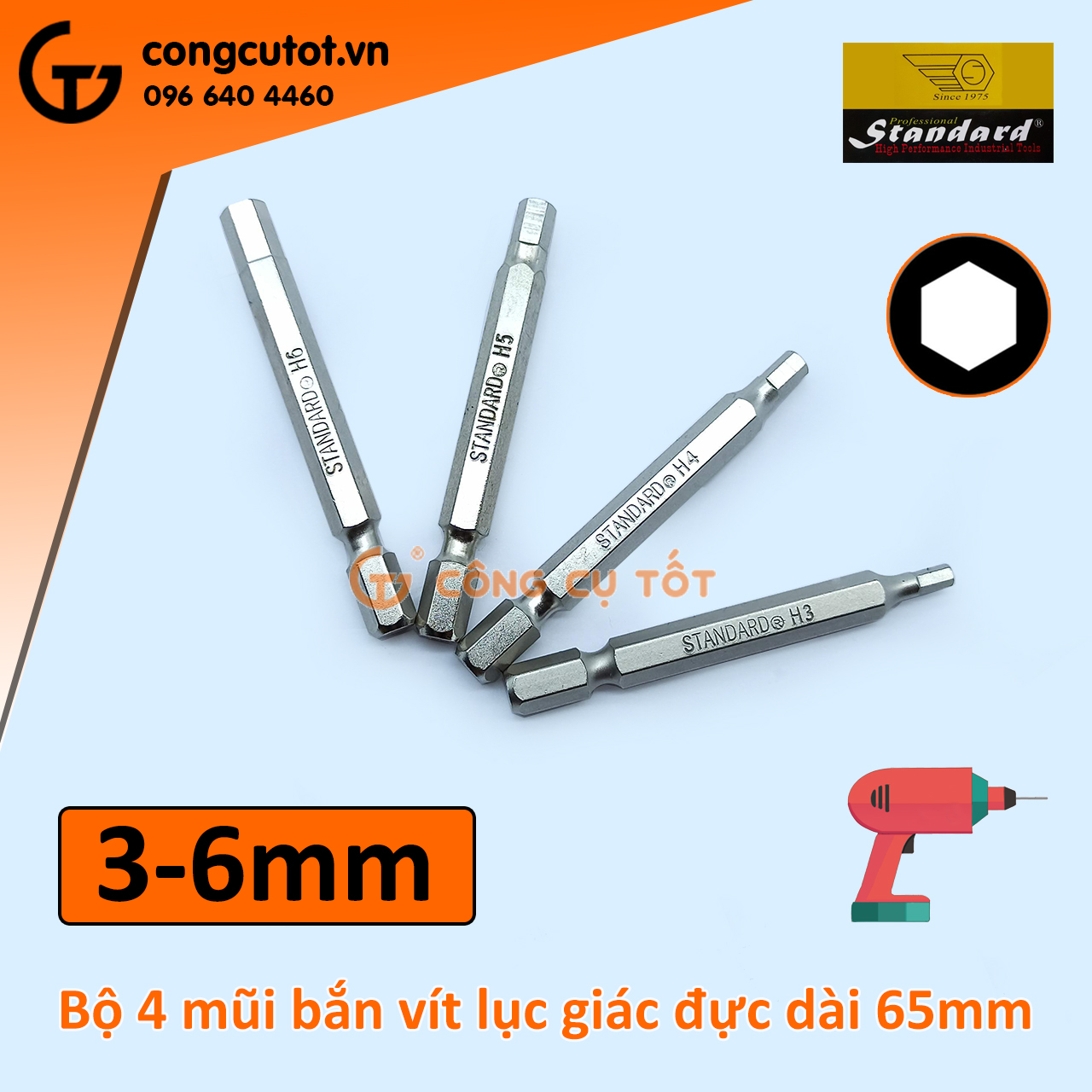 Bộ 4 đầu bắt vít lục giác đực 3-6mm dài 65mm Standard Đài Loan