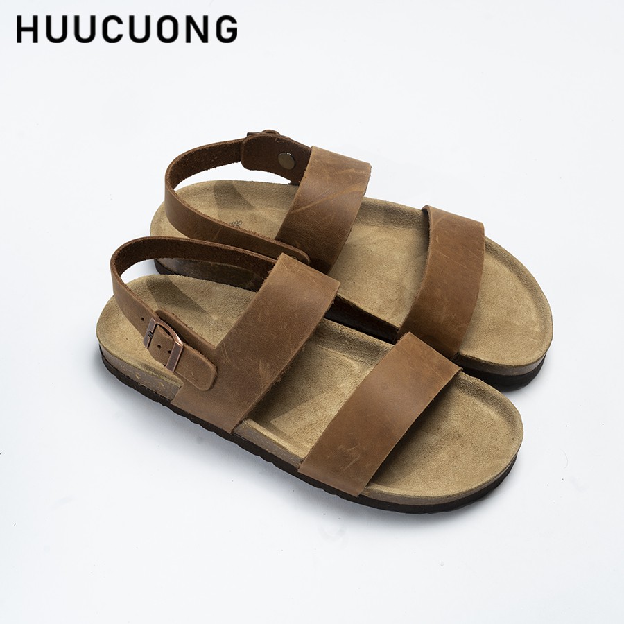 Sandal Unisex HuuCuong 2 quai da bò nâu đế trấu handmade