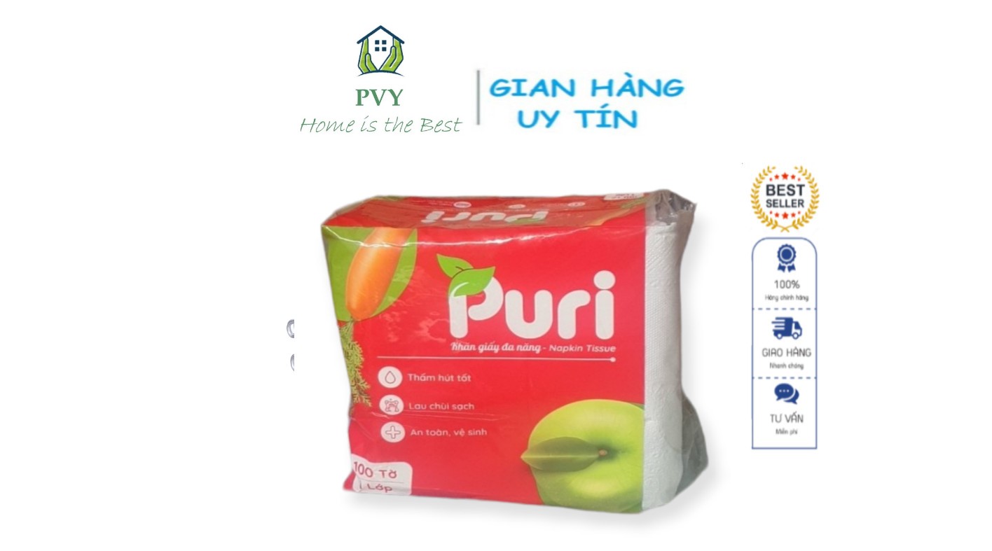Khăn giấy ăn đa năng cao cấp puri 100 tờ 1 lớp 330x330mm