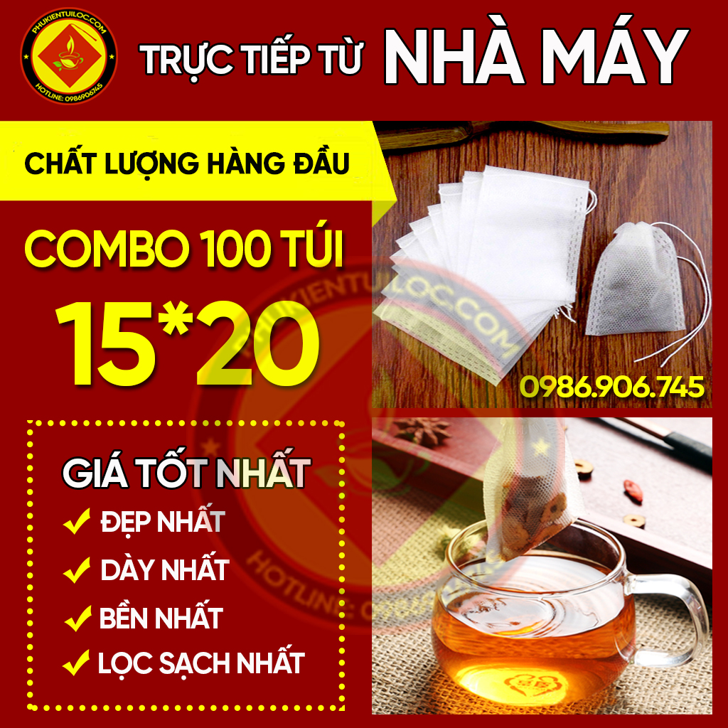 Set 100 túi lọc trà vải không dệt có dây rút size 15x20cm