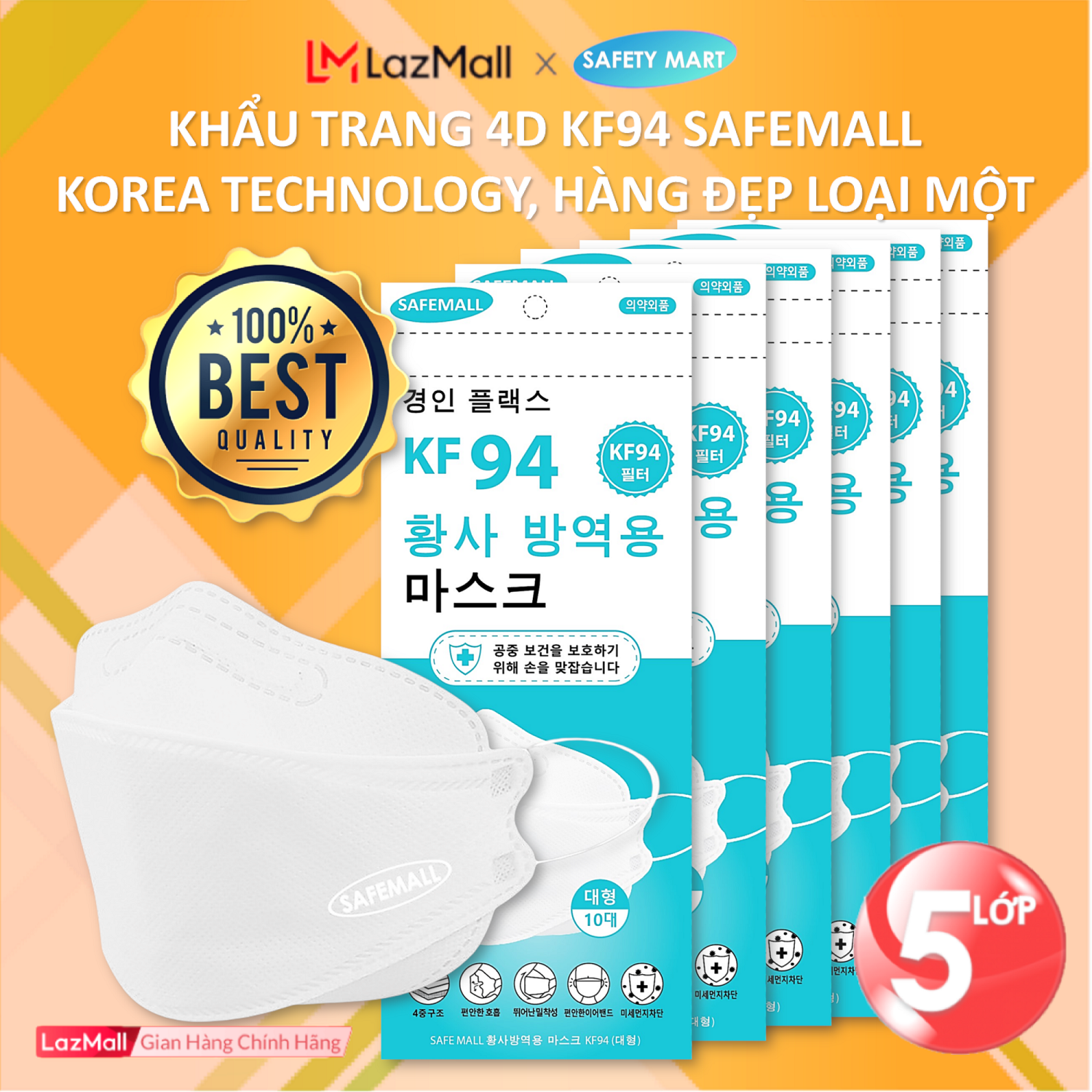 [BÁN CHẠY] Thùng 300 chiếc khẩu trang y tế 4D KF94 SafeMall N99+ (màu trắng) Korea Technology, 5 lớp vải kháng khuẩn, kháng bụi mịn lên đến 95%, đạt tiêu chuẩn ISO - Hàng Chính Hãng Safety Mart Official