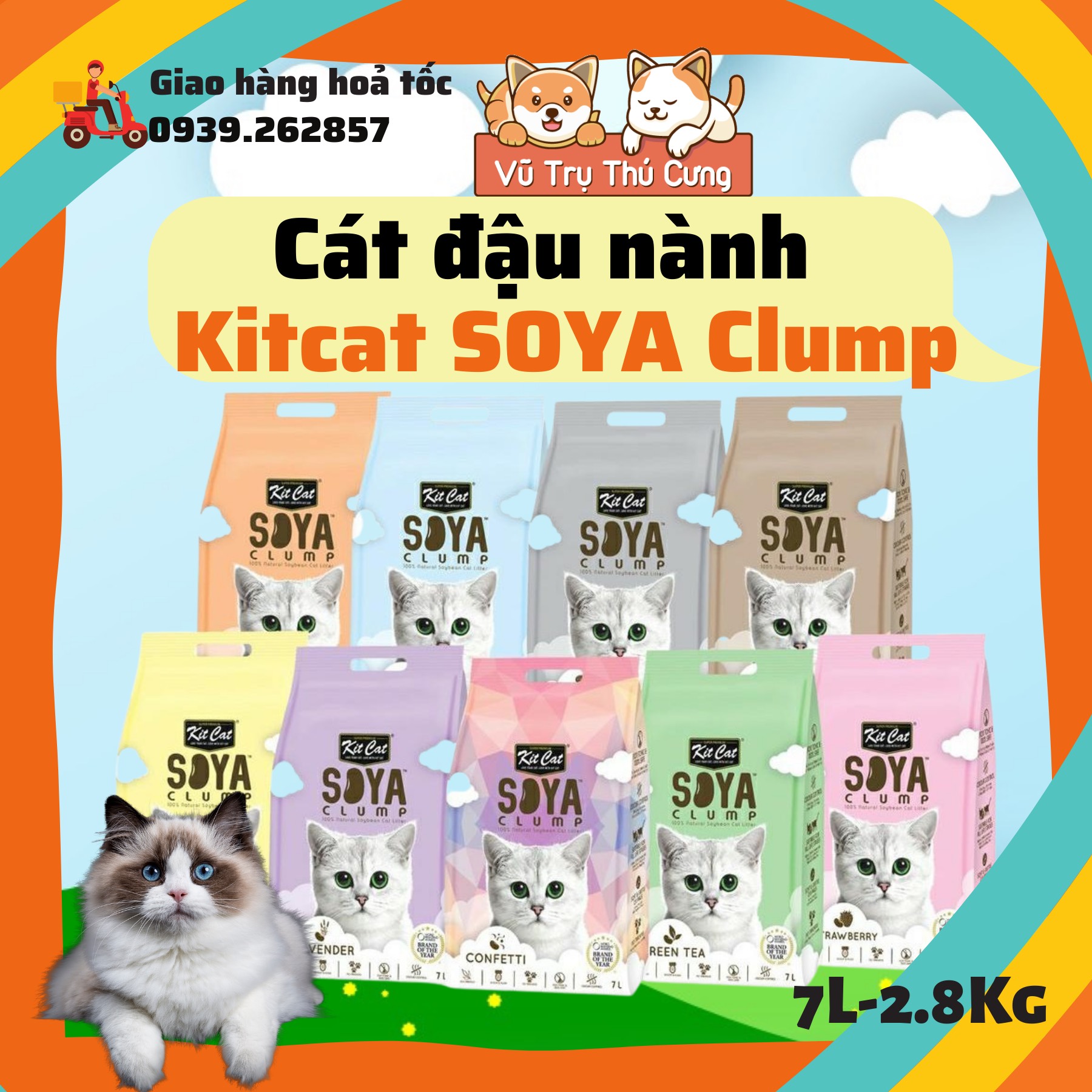 Cát đậu nành Kitcat Soya Clump 2,8kg cho mèo, siêu khử mùi, thấm hút nhanh,lành tính, nhập khẩu SinGaPore