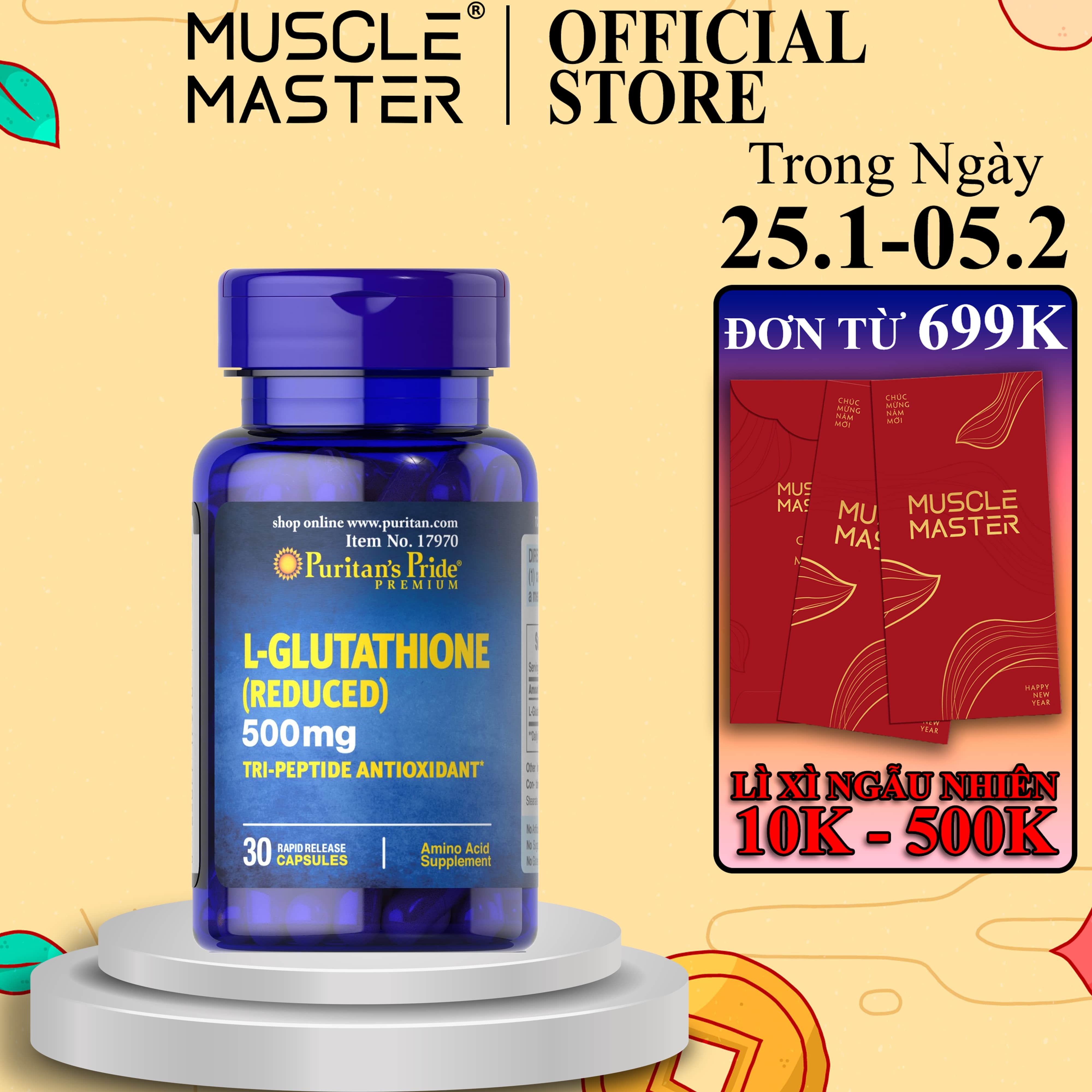 Viên Uống Trắng Da, Giảm Nám, Thải Độc Gan Puritan's Pride L-Glutathione 500mg 30 Viên