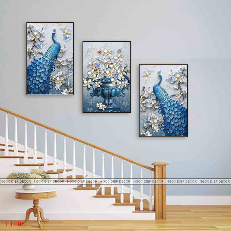 Tranh dán tường Cầu Thang chim công lọ hoa - Tranh décor phòng khách, phòng ngủ phong cách hiện đại