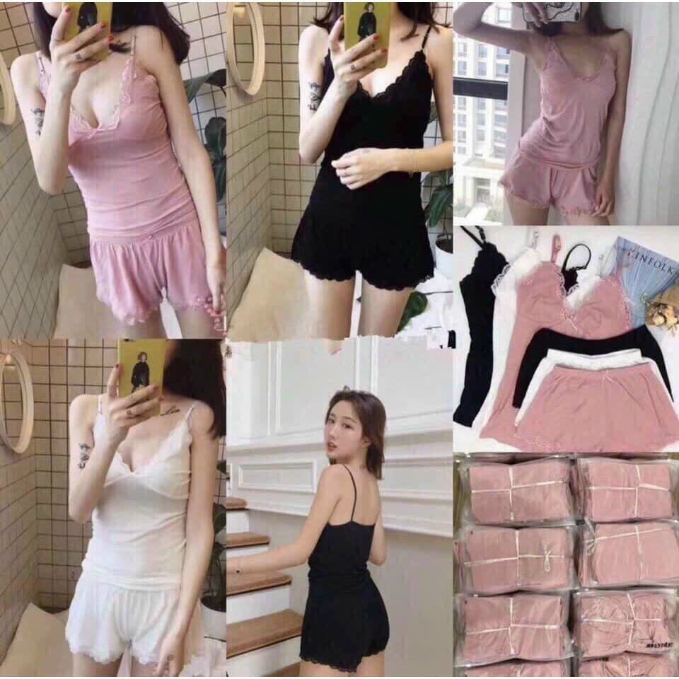 Bộ đồ 2 dây nữ mặc nhà gân tăm phối ren mềm mại, đồ bộ ngủ nữ áo 2 dây phối ren và quần đùi thoáng mát.