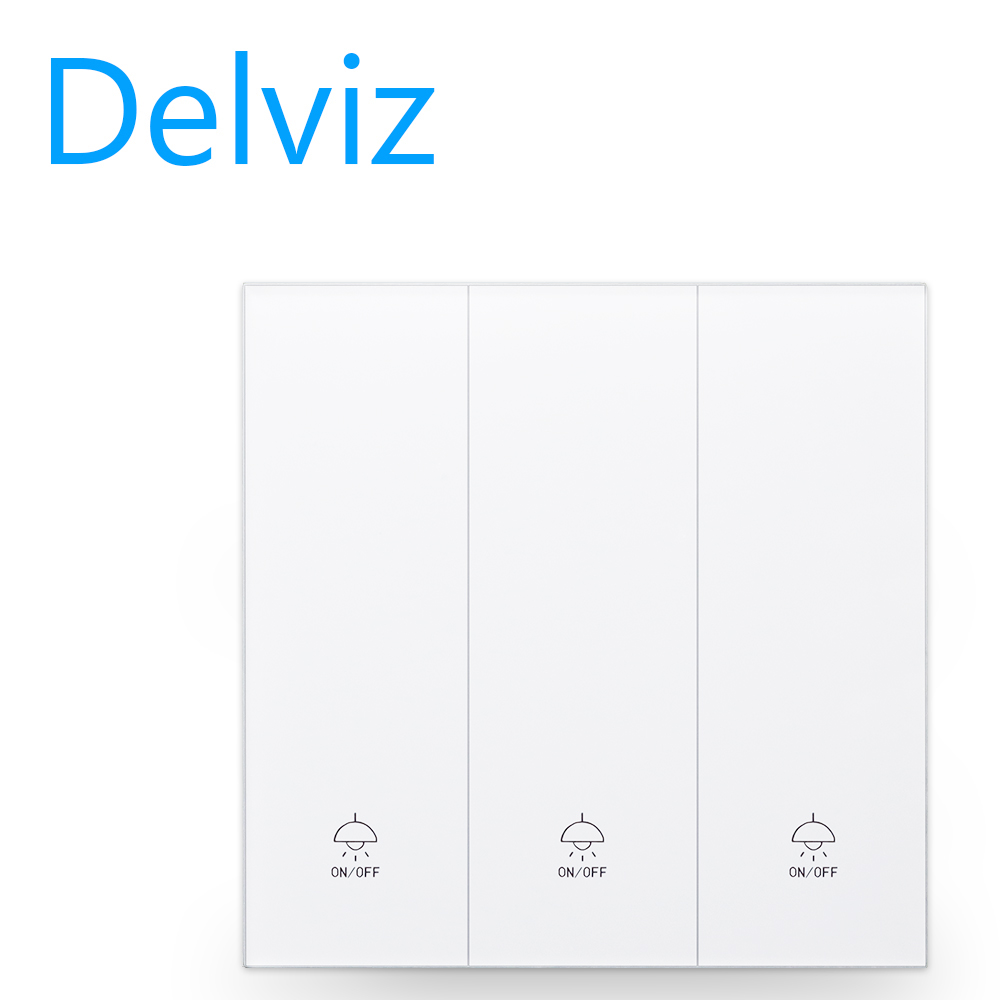 Delviz glass switch, white full screen panel 10A wall embedded socket power switch, AC 110V-250V 86mm*86mm, 3 Gang 2 Way pushbutton switch, light switch.