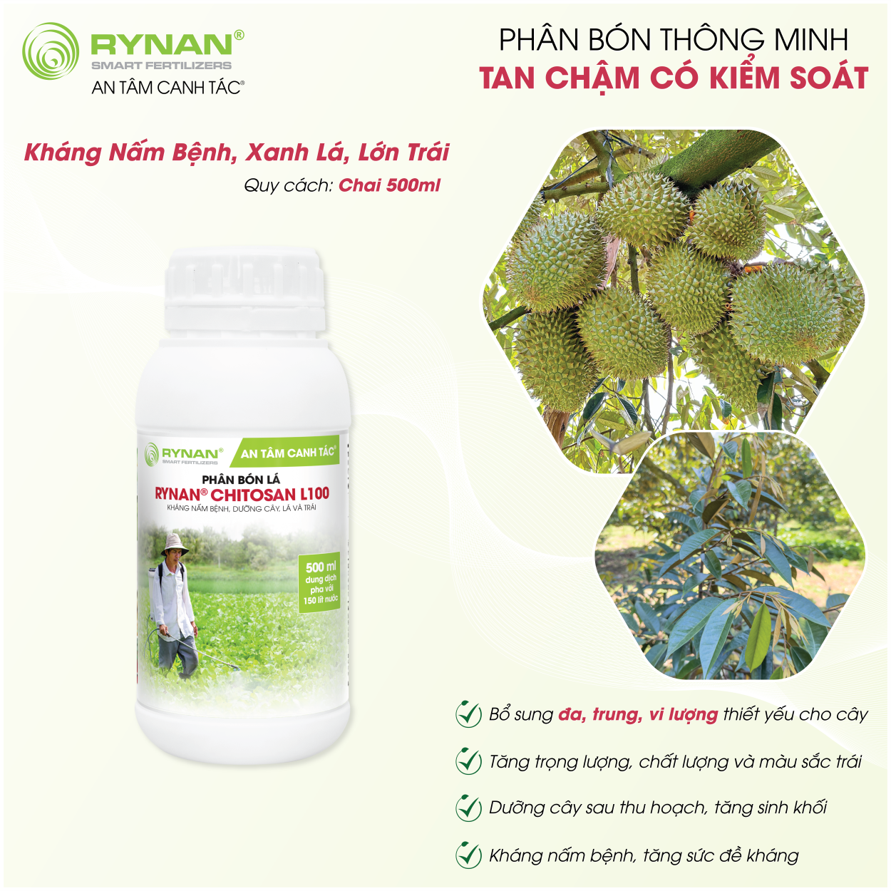 Phân bón lá rynan® chitosan l100 - dùng cho các loại cây trồng giúp kháng nấm bệnh, dưỡng cây, nuôi trái