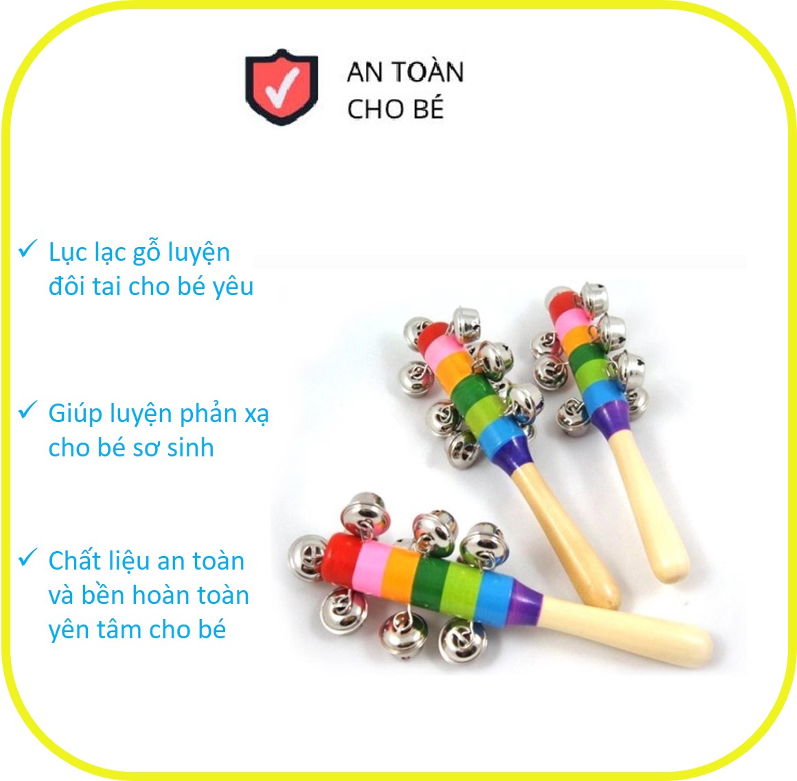 Lục lạc gỗ luyện đôi tai cho bé yêu, Lục Lạc Xúc Xắc Chuông Gỗ, Đồ Chơi Gỗ Nhạc, lục lạc cán gỗ dài có chuông