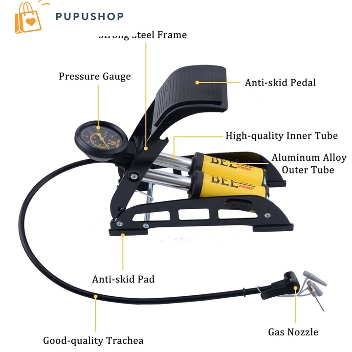 Pupushop ống bơm đạp chân 2 ống xi lanh bee model j44b có đồng hồ đo áp suất lốp xe 160 psi chất liệu hợp kim phủ sơn tĩnh điện