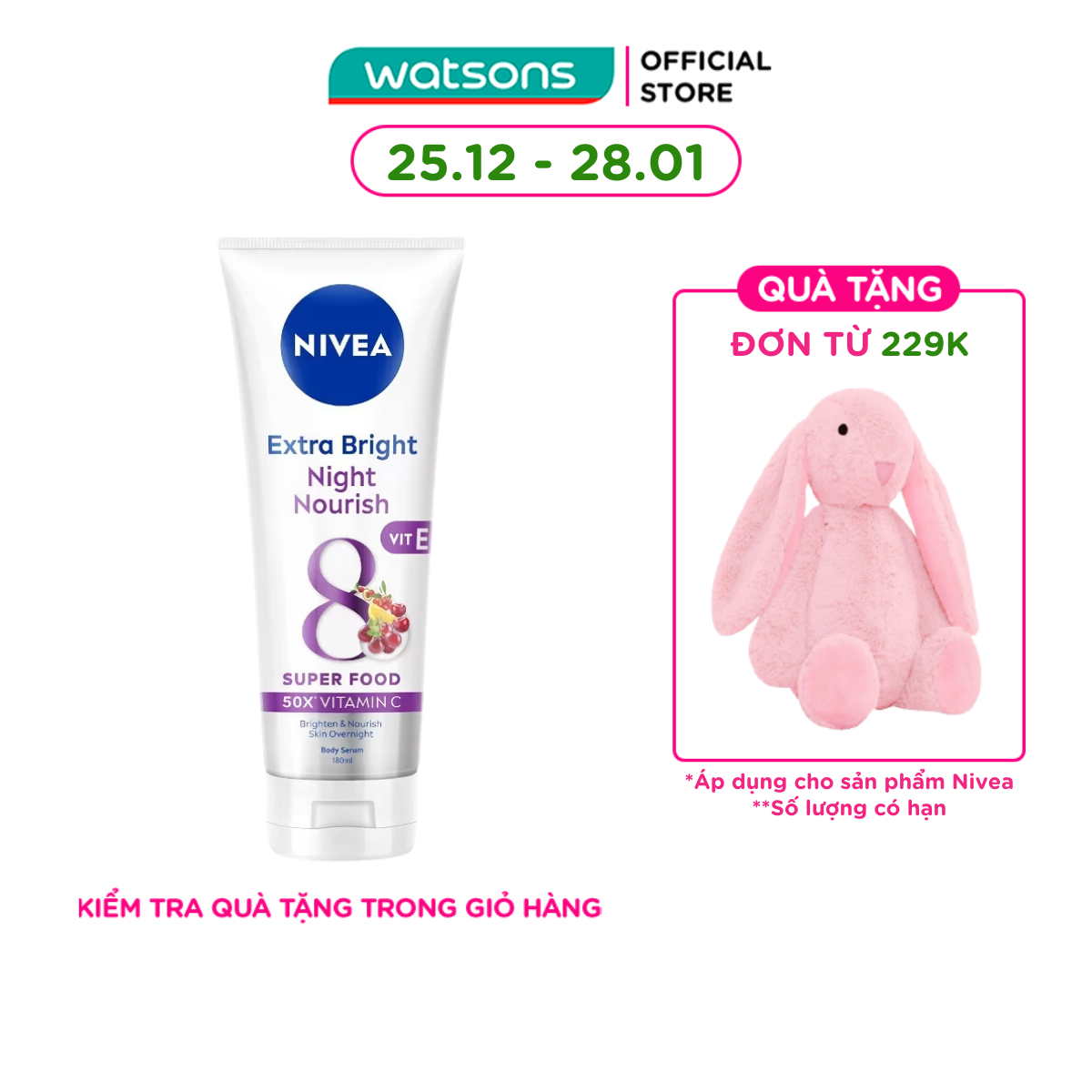   MUA LÀ CÓ QUÀ  Tinh Chất Dưỡng Thể Trắng Da Ban Đêm Nivea 180ml 