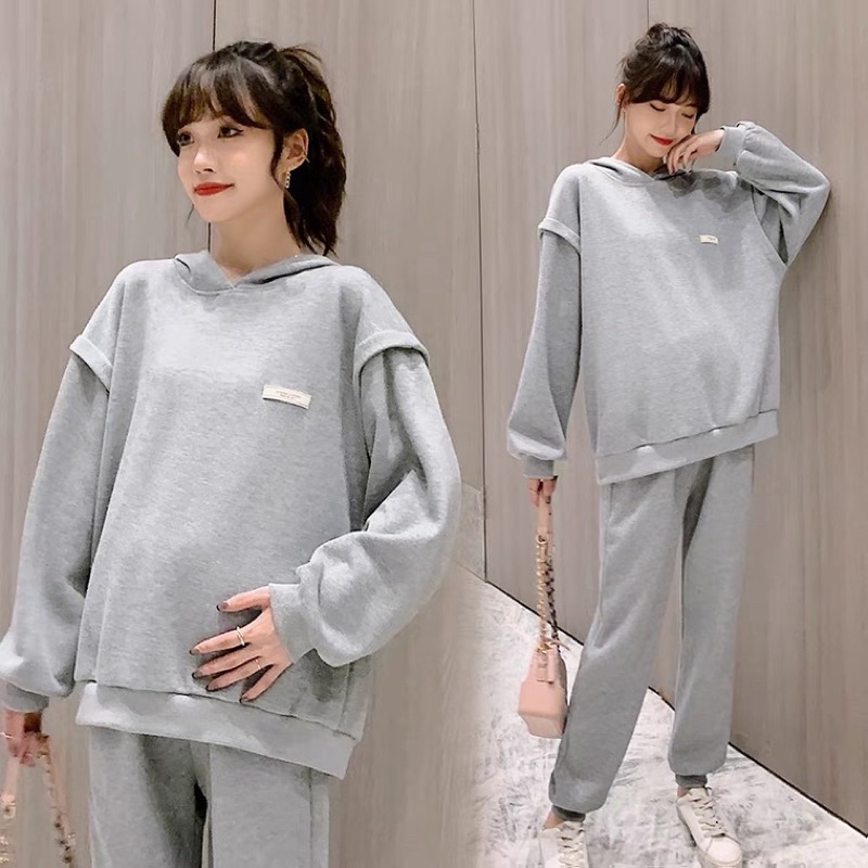Bộ hoodie bầu nỉ da cá dày dặn có mũ- Đồ bầu thu đông