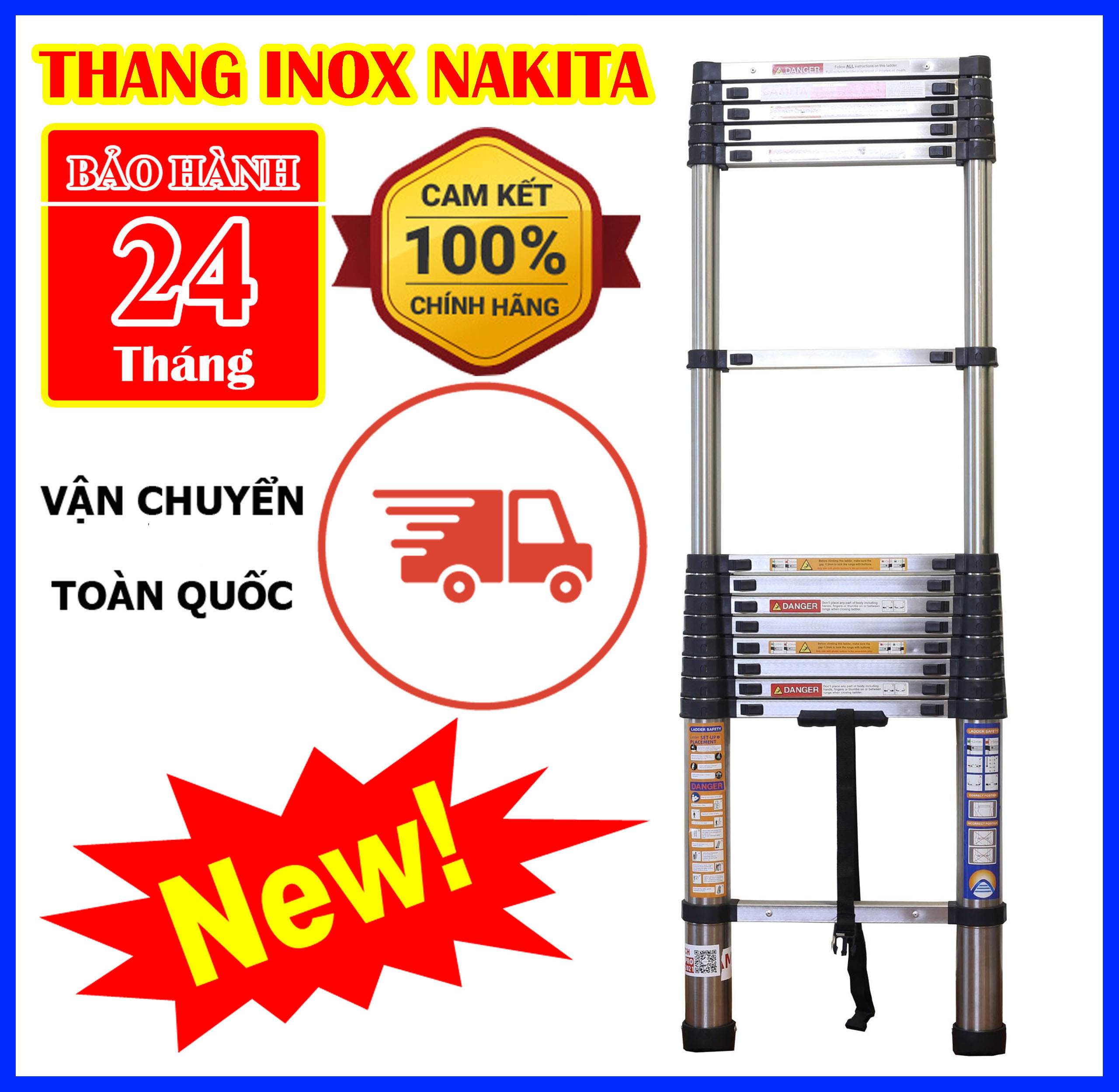 Thang INOX rút đơn 2.6m, 3.2m, 3.8m, 4.1m, 4.4m, 5m, 5.4m, 5.8m NAKITA - TM126, TM132, TM138, TM141, TM148, TM150, TM154, TM158