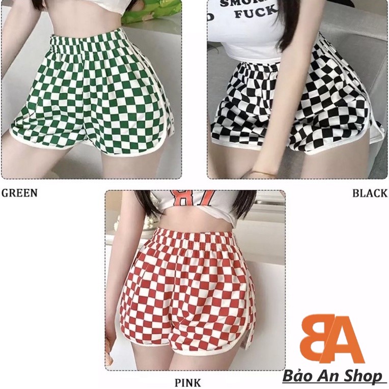 Quần shorts đùi nữ lưng thun phối caro viền