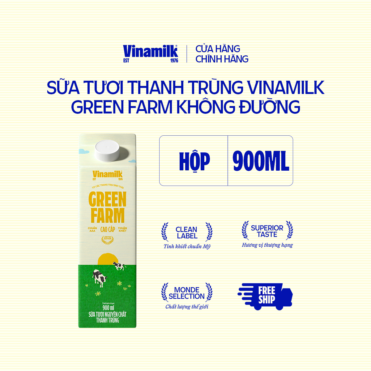 Sữa tươi thanh trùng Vinamilk Green Farm Nguyên Chất - Hộp 900ml