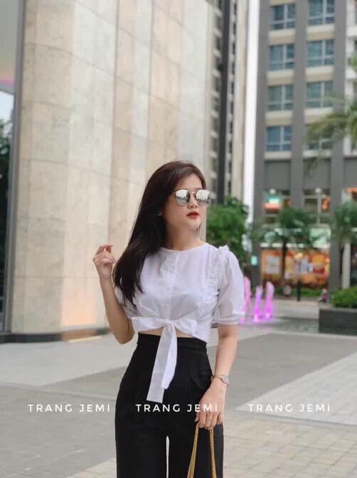 Set bộ mẫu mới áo kiểu thắt nơ tay lửng phối quần ống rộng siêu xinh siêu sang chảnh