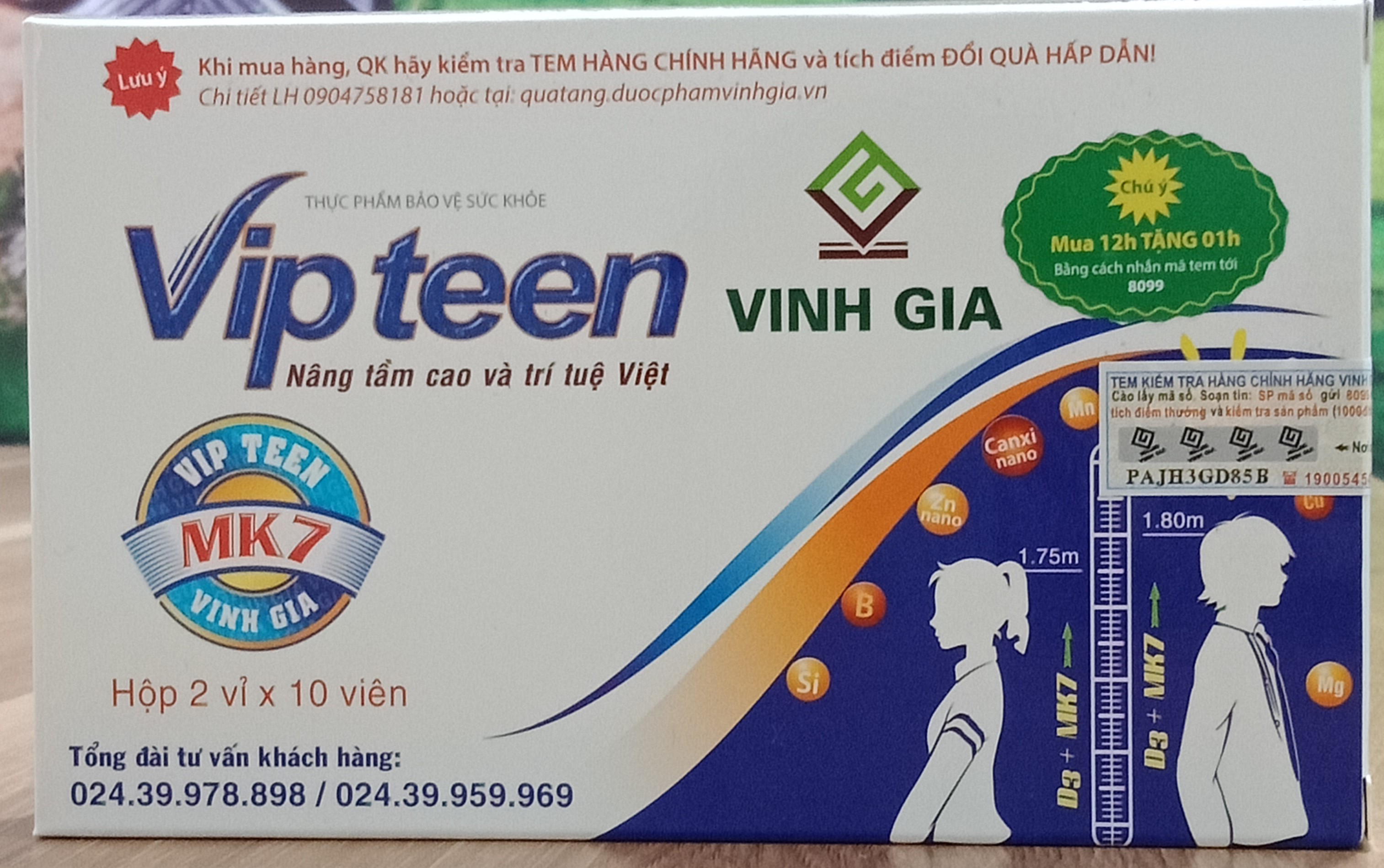 Thực phẩm bảo vệ sức khỏe VIPTEEN bổ sung calci và dưỡng chất giúp bé phát triển chiều cao ( hộp 20 viên)
