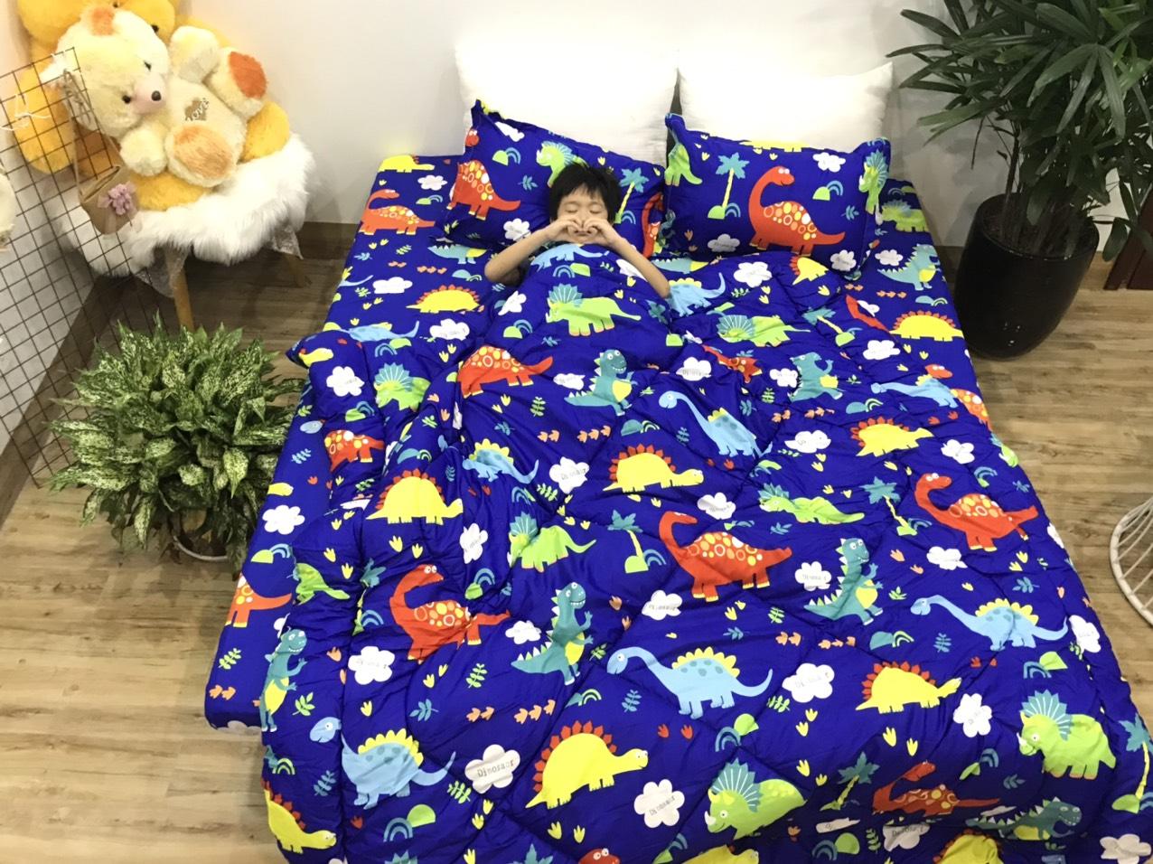 Set Ga Gối Cotton 3 Món Mẫu Khủng Long P20 ( gồm 1 ga + 2 vỏ gối )