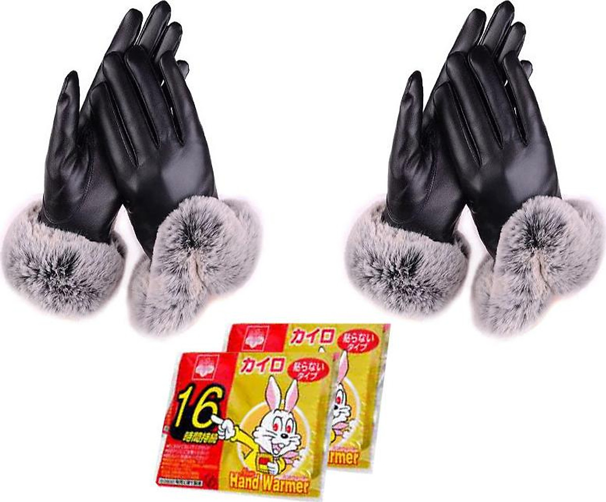Bộ 2 Găng tay nữ, bao tay nữ, găng tay da nữ giữ ấm cao cấp tặng miếng dán giữ nhiệt