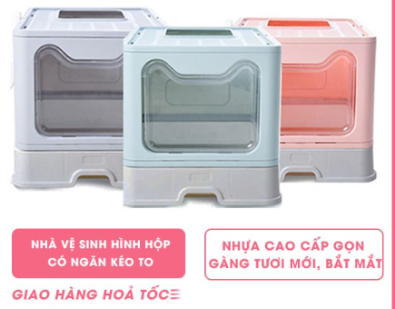 Nhà vệ sinh cho mèo cao cấp vuông lớn - Nhà vệ sinh 2 cửa chống văng cát có ngăn kéo cho mèo