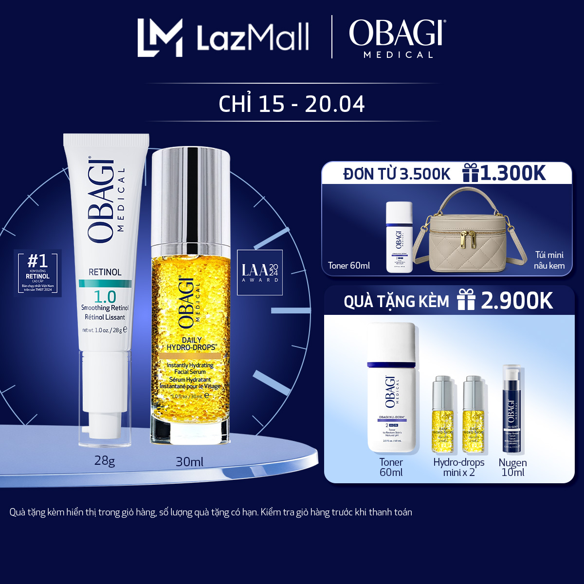 Bộ đôi dưỡng da Kem Chống Lão Hóa  Tái Tạo Da Obagi Retinol 1.0 28g và Serum Cấp nước Dưỡng ẩm Hydro Drops 30ml