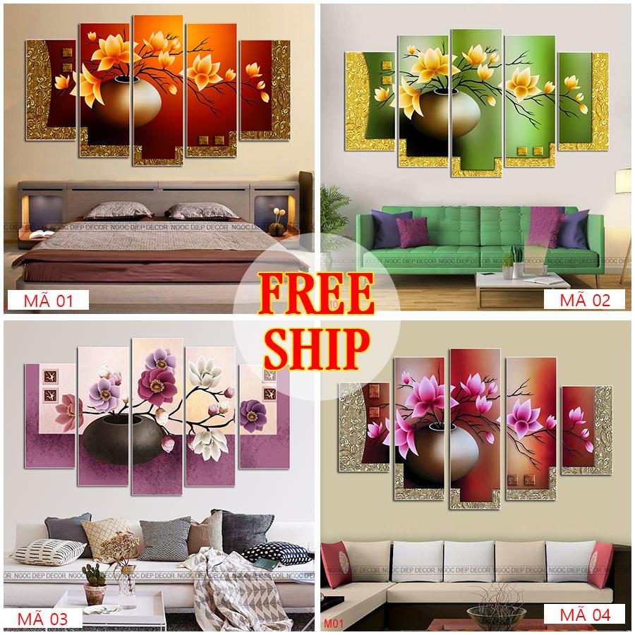 Tranh treo tường phòng khách hoa decor 5 tấm, giá tốt đón tết 2021